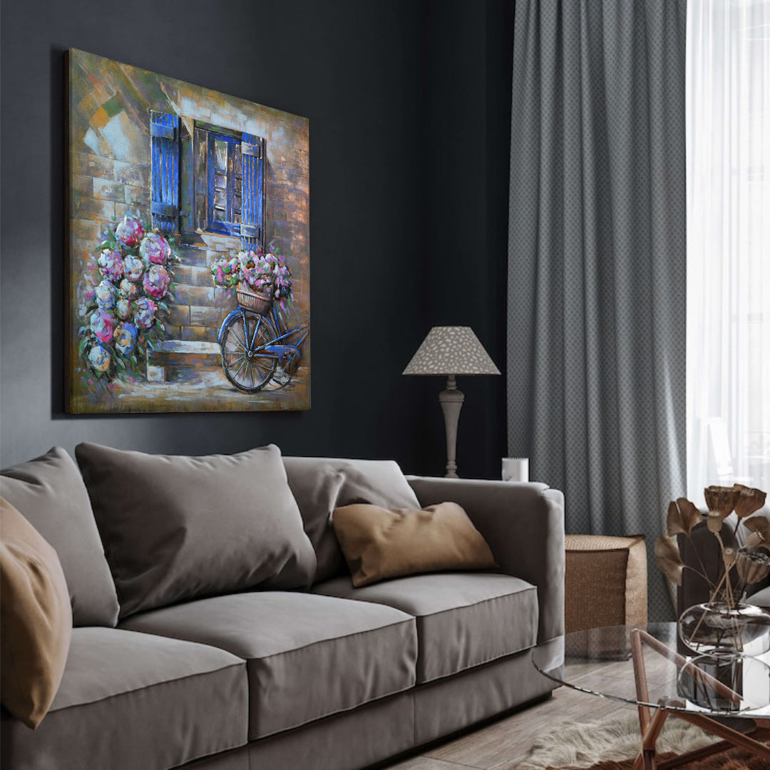 3D Schilderij Metaal - Bicycle with flowers – 100x100cm