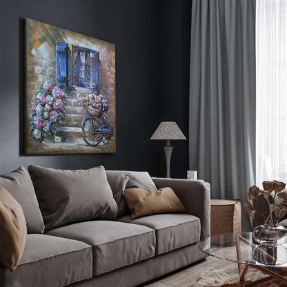 3D Schilderij Metaal - Bicycle with flowers – 100x100cm