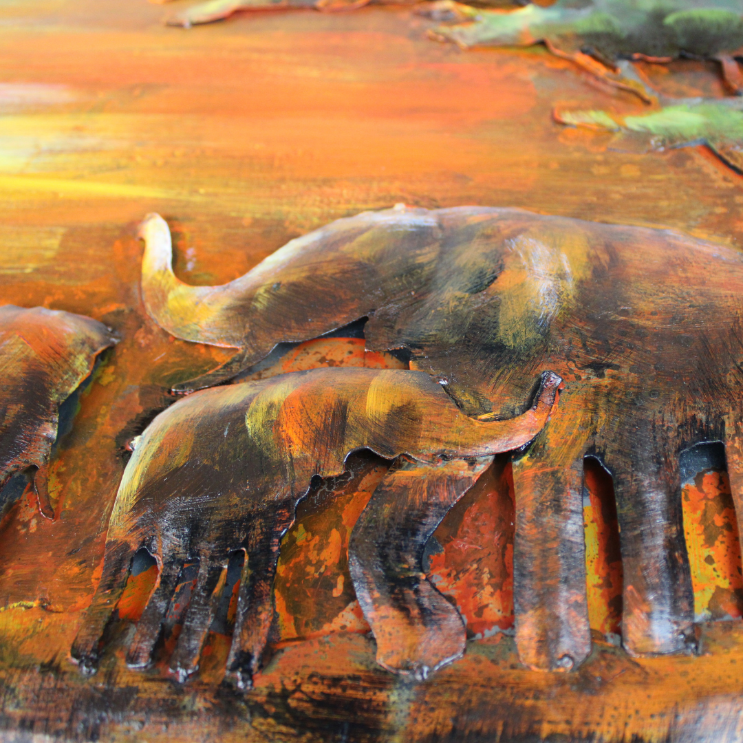 3D Schilderij Metaal - Elephants sunset – 120x80cm