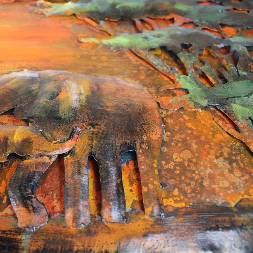 3D Schilderij Metaal - Elephants sunset – 120x80cm