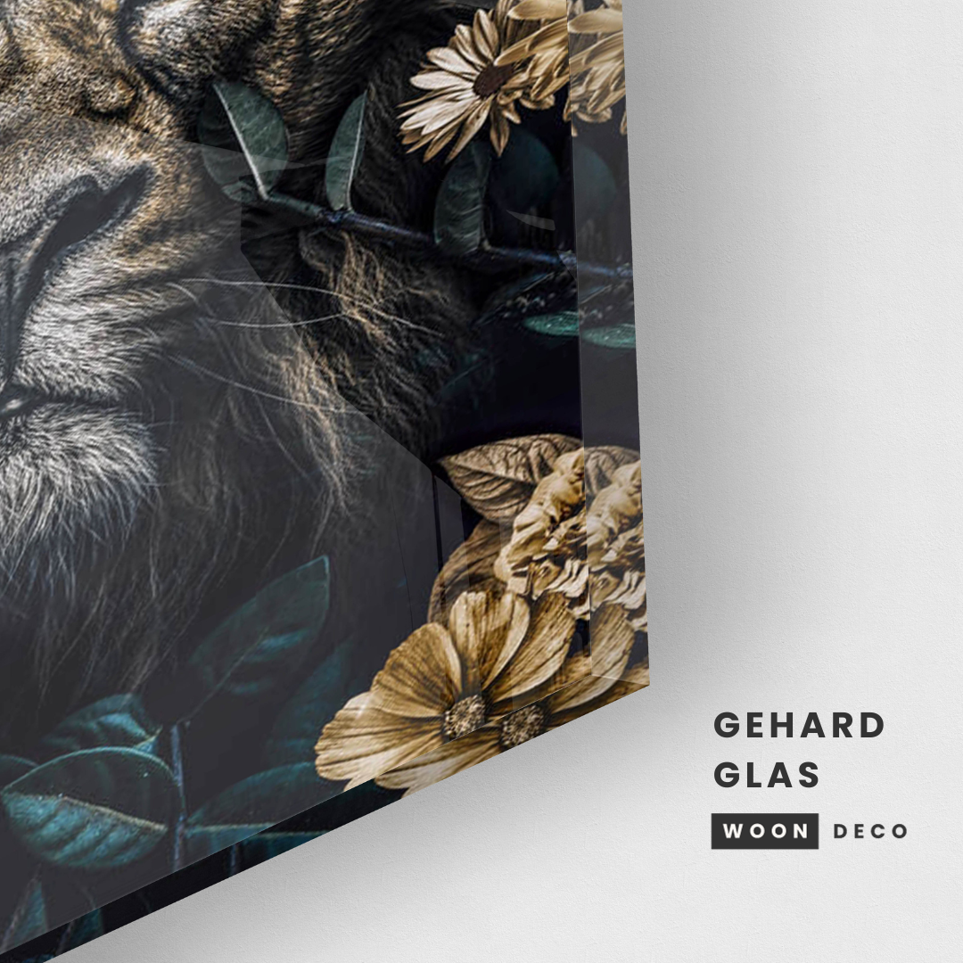 Glasschilderij - Floral lion - 80x120cm
