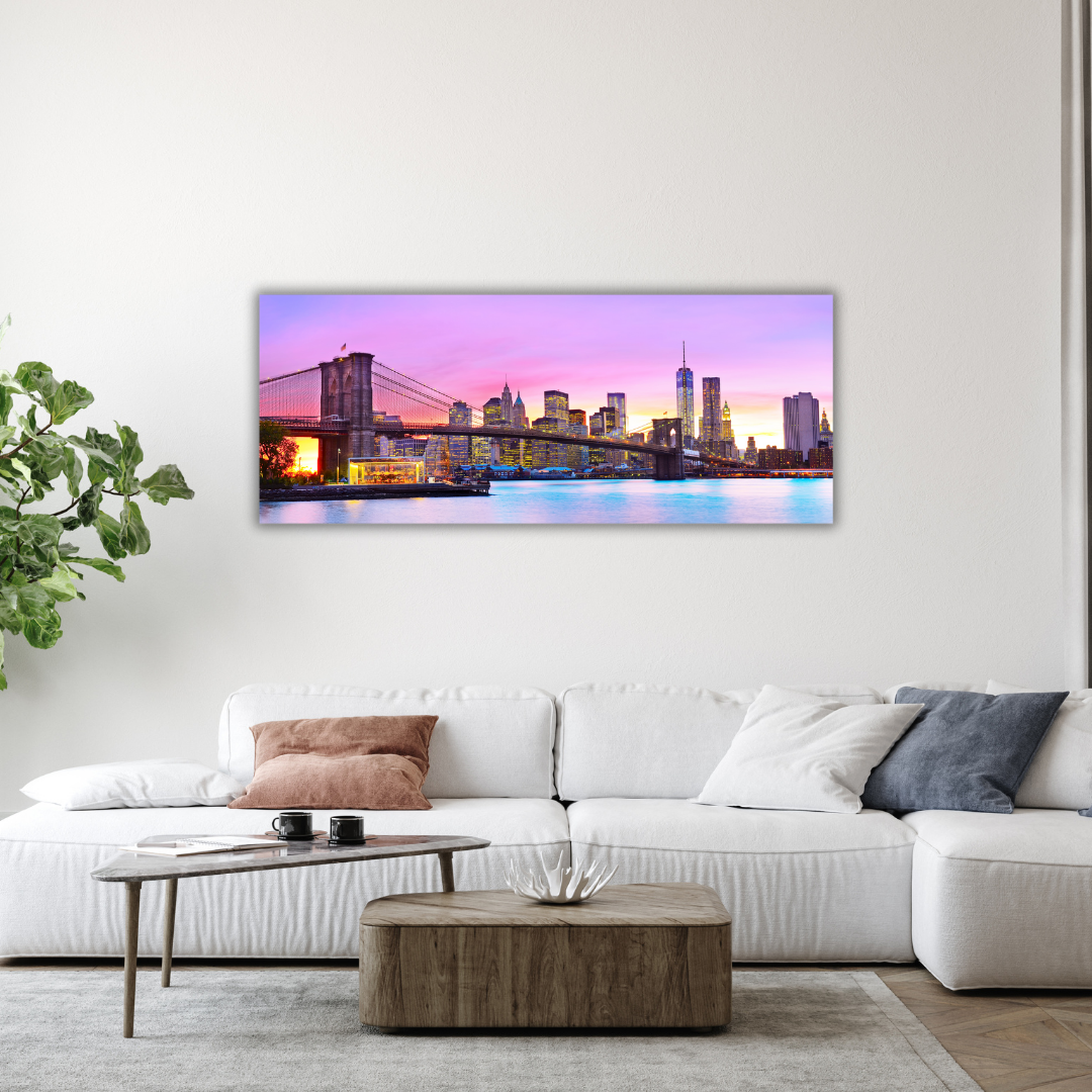 Glasschilderij - City under sunset - 60x160cm