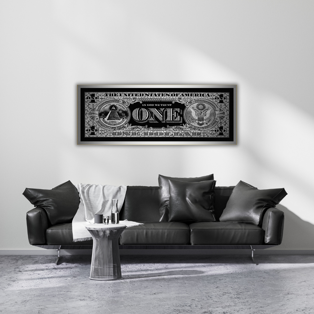 Glasschilderij - One dollar zwart/wit - 60x160cm