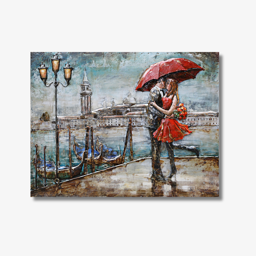 3D Schilderij Metaal - Romantiek in de regen – 120x80cm