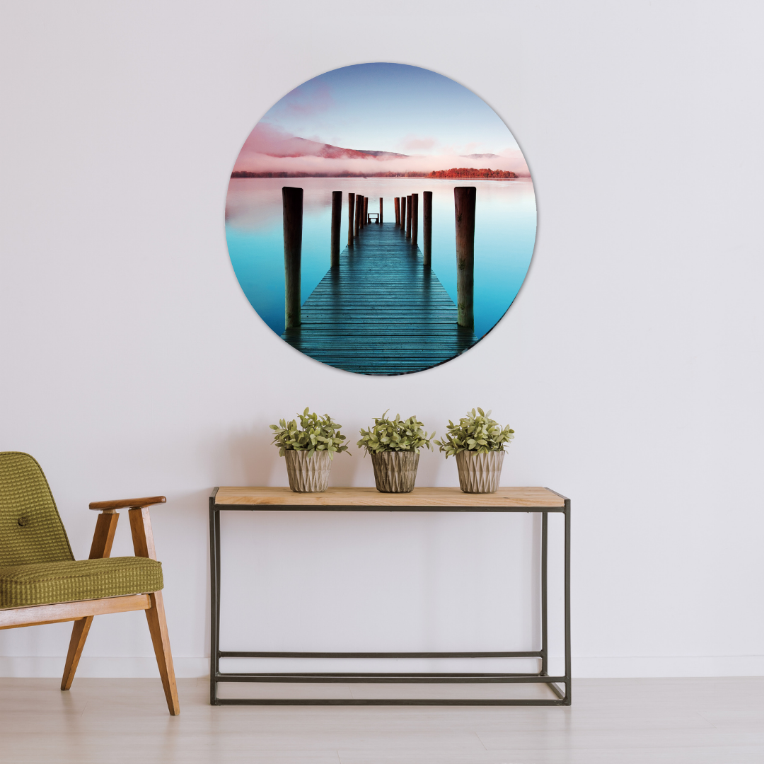 Glasschilderij - Pier met zonsondergang - 80cm rond