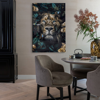 Glasschilderij - Floral lion - 80x120cm