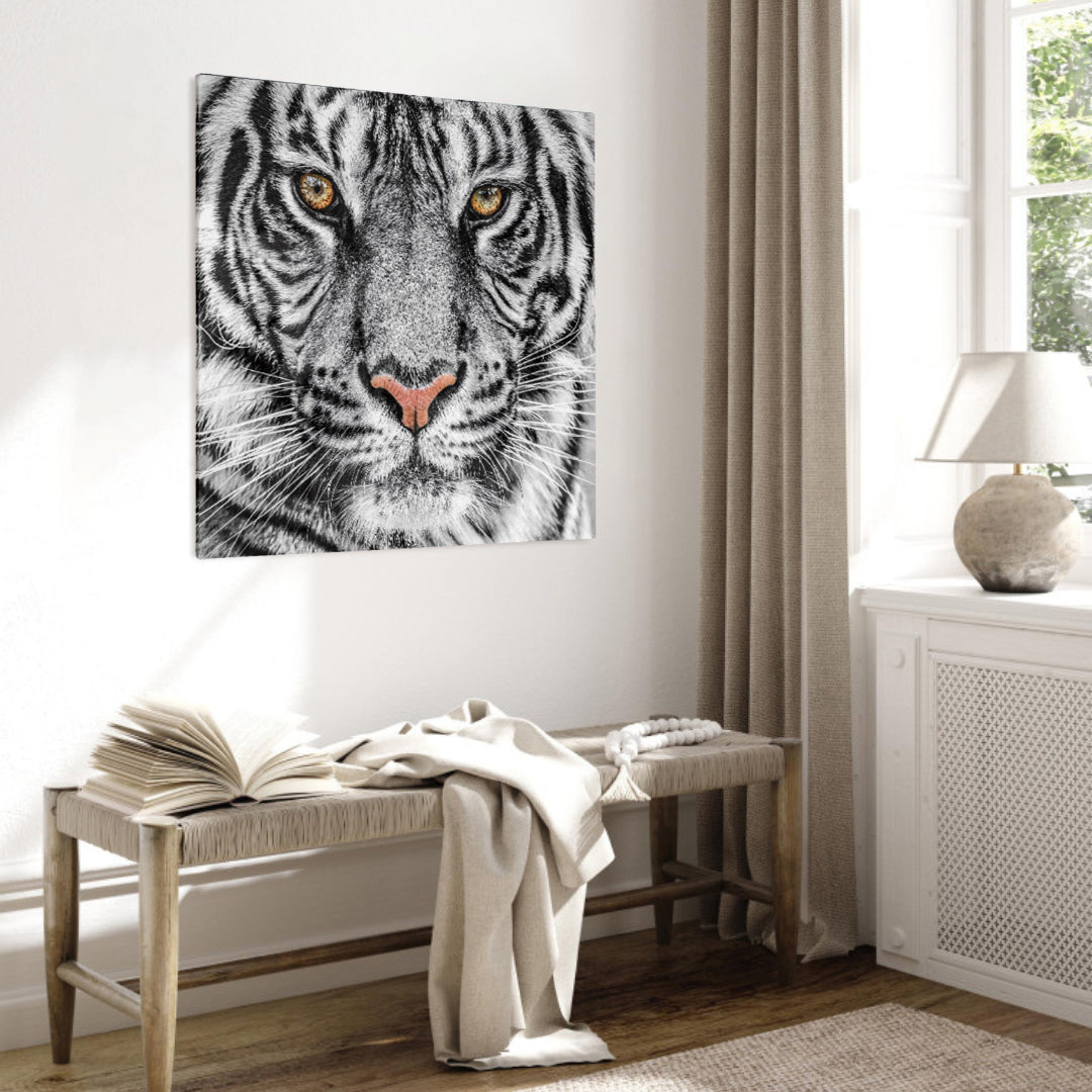 Glasschilderij - Tiger black and white - 80x80cm